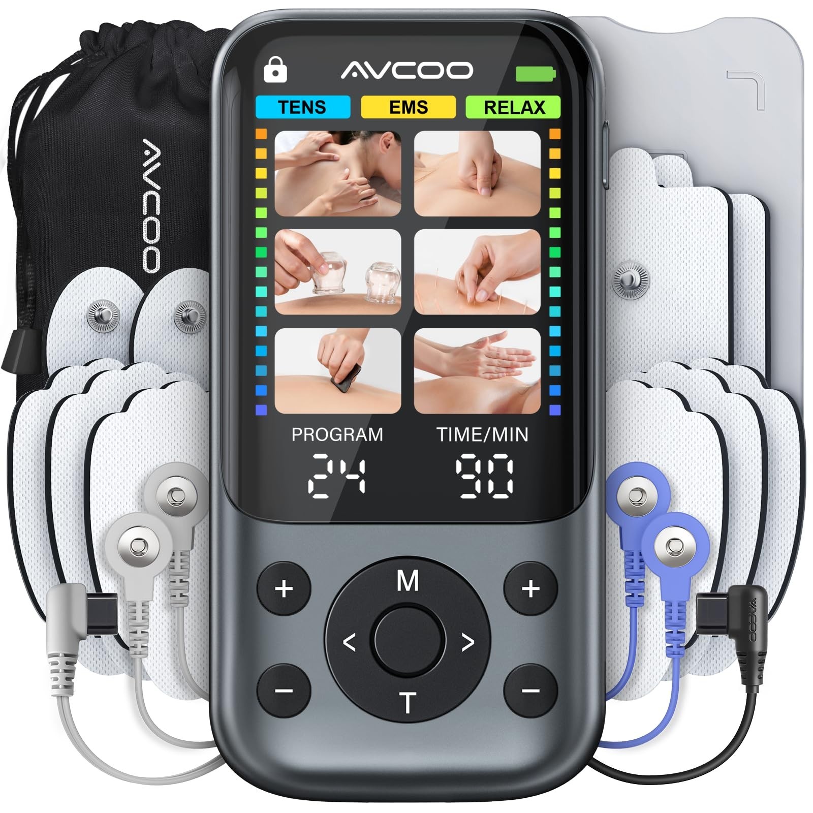 AVCOO 3-in-1 TENS Unit Muscle Stimulator with 24 Modes, 30 Intensities EMS Ma...