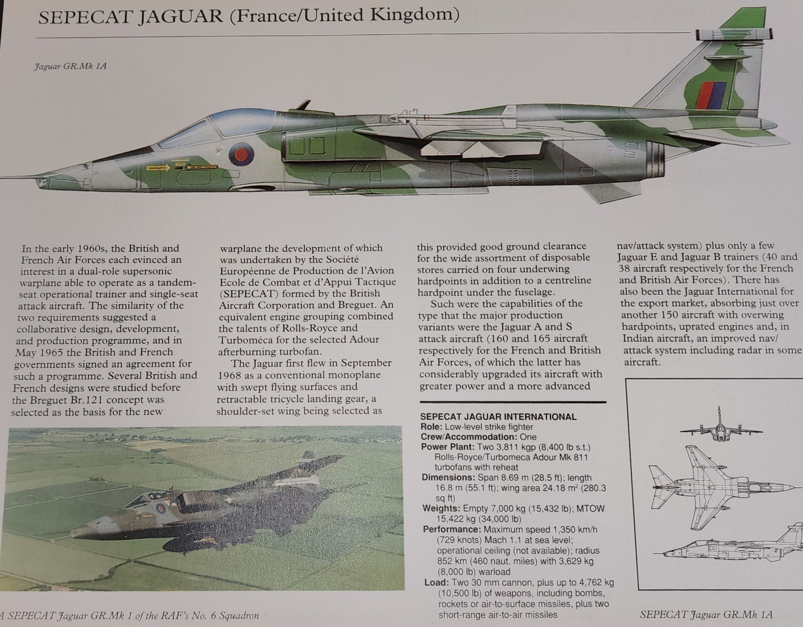 Sepecat Jaguar Aircraft Picture Out of Print Article Spec Sheet Wall Art Decor
