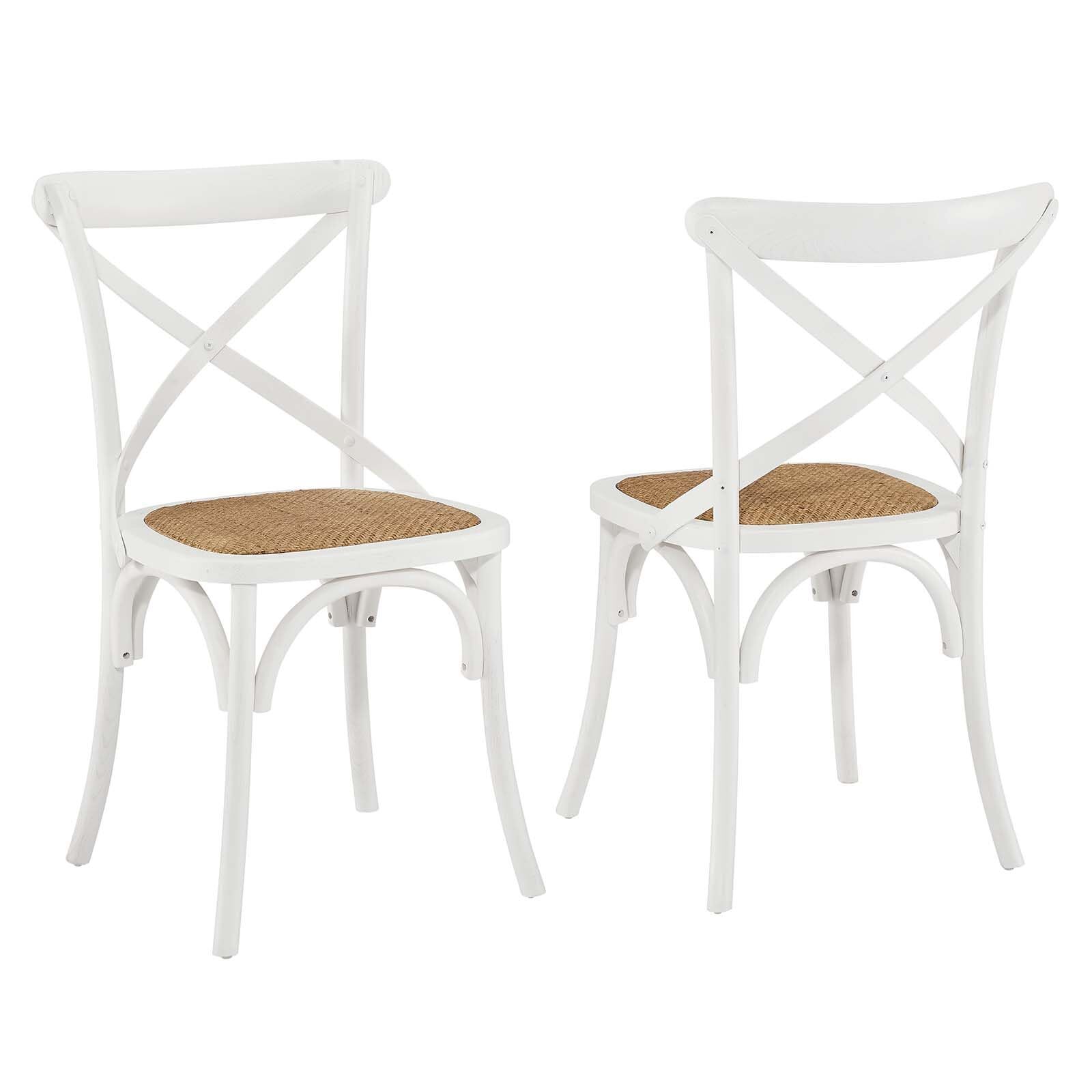 Modway Gear Rustic Modern Farmhouse Elm Wood Rattan Two Dining Chairs in White