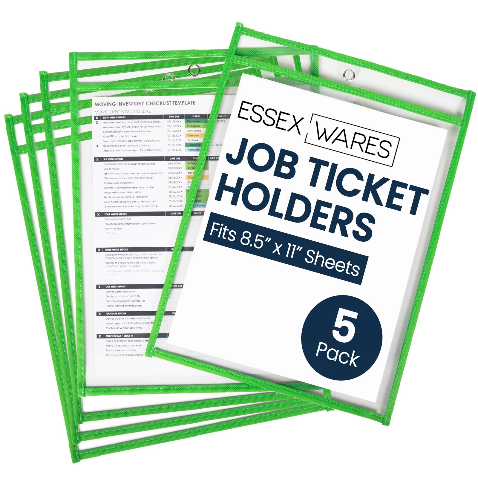 Essex Wares - 5 Pack, Green, Job Ticket Holders, 10" Wide x 13.5" Tall Green
