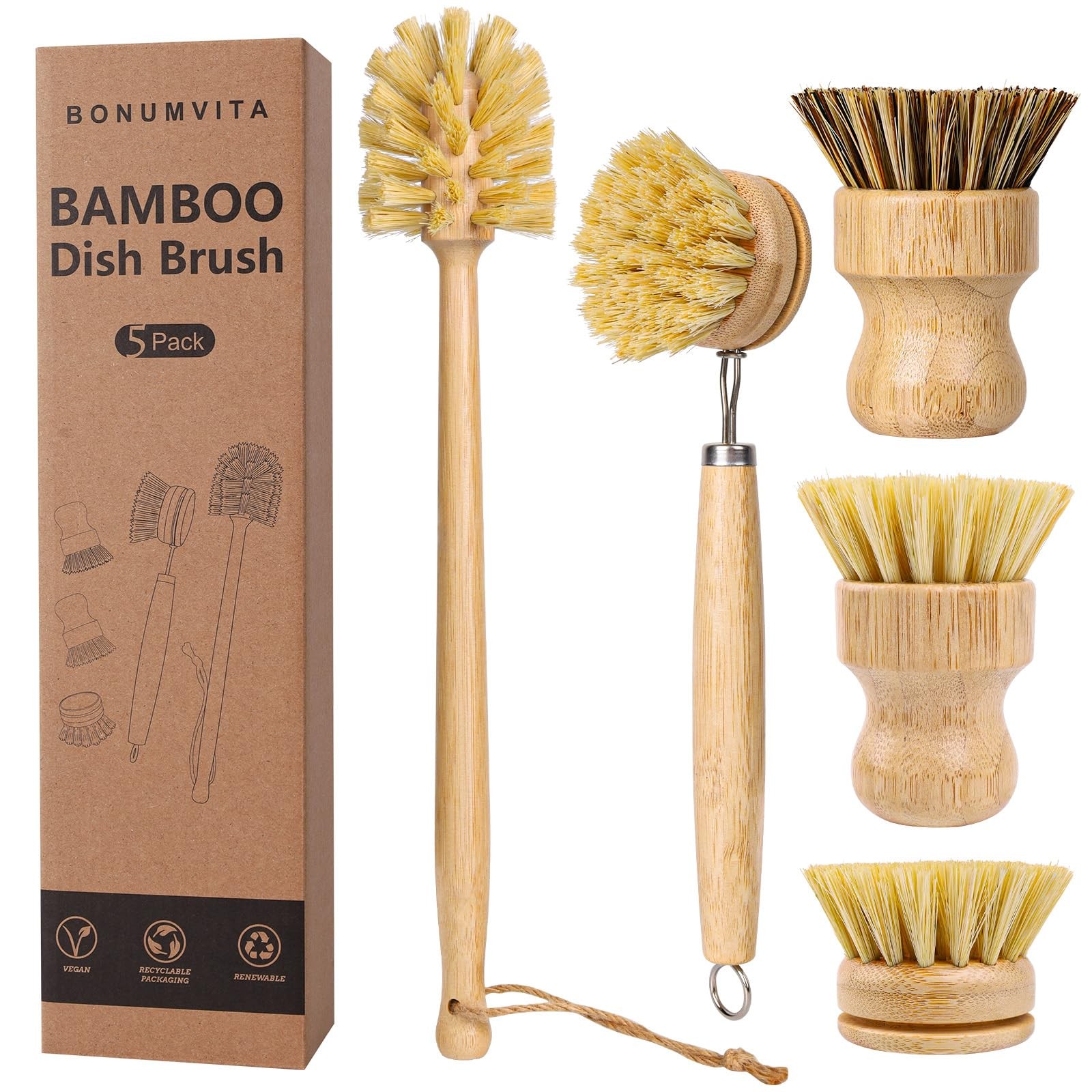 BONUMVITA 5 Pack Bamboo Dish Brush Set, Wooden with 14’’ Yellow