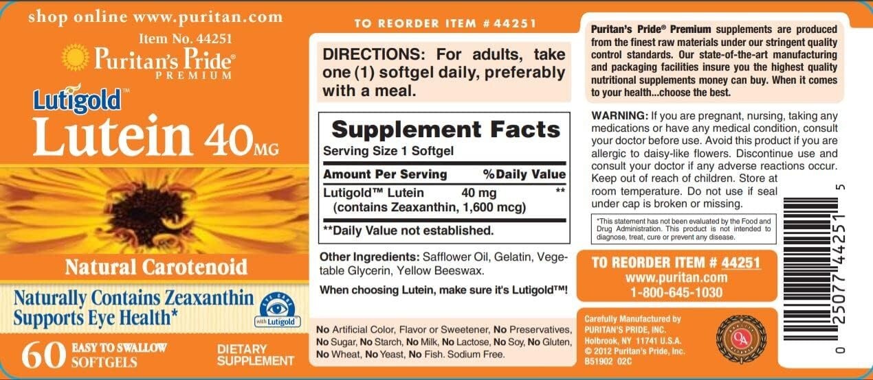 Lutein 40 Mg with Zeaxanthin, Helps Support Eye Health*, Whole Bean, 60 Ct,