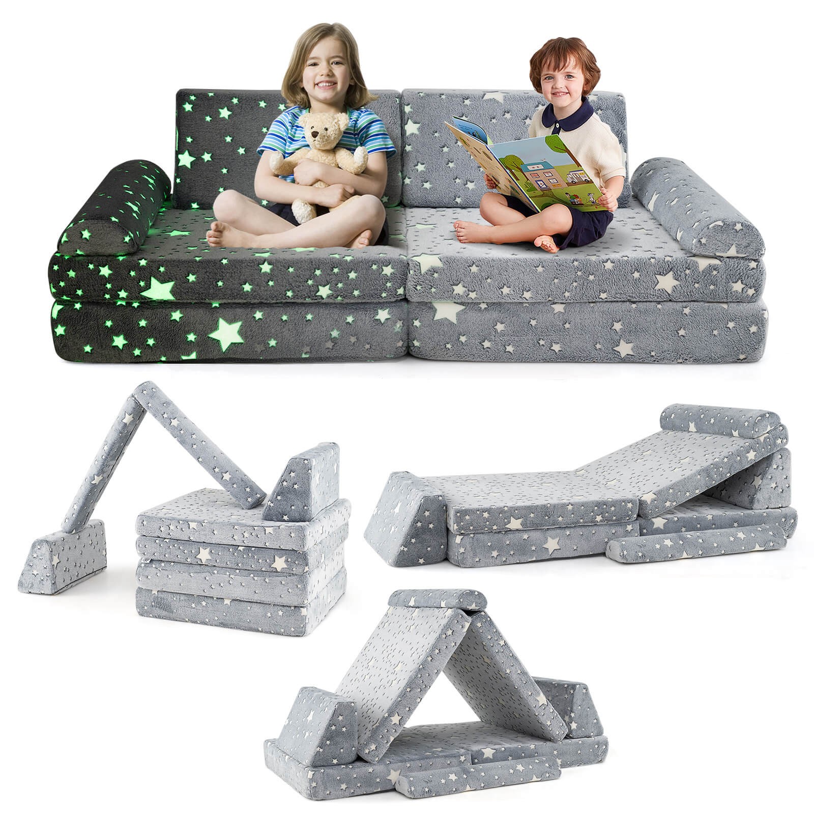 8PCS Modular Kids Play Couch w/Handles Machine Washable Covers for Building Fort