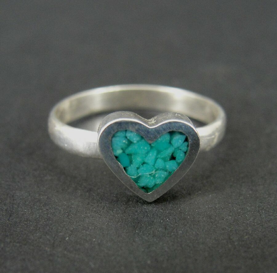 Ring Silver Heart Turquoise Stone Inlays Band Sterling 925 Size 5 Ring