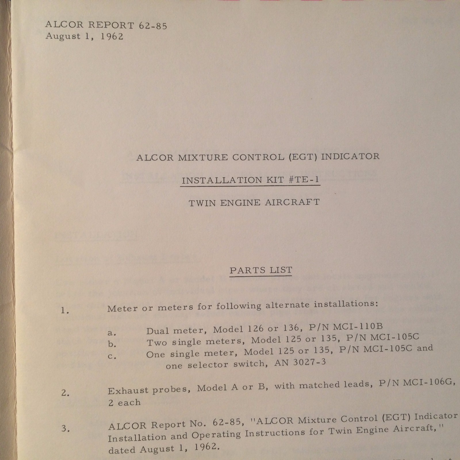 Alcor Mixture Control Indicator for Twins, TE-1 Installation Manual