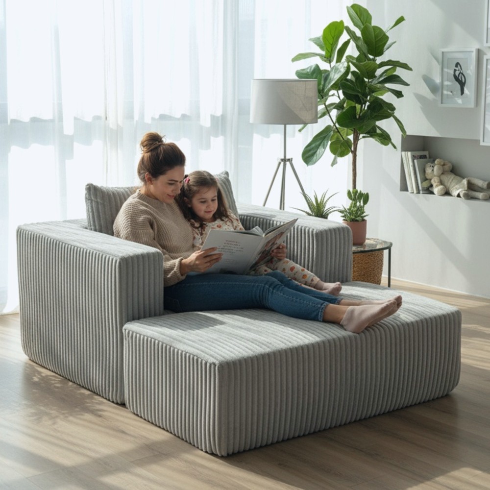 Modular Oversized Corduroy Floor Couch with Ottoman, All-Foam Deep-Seat