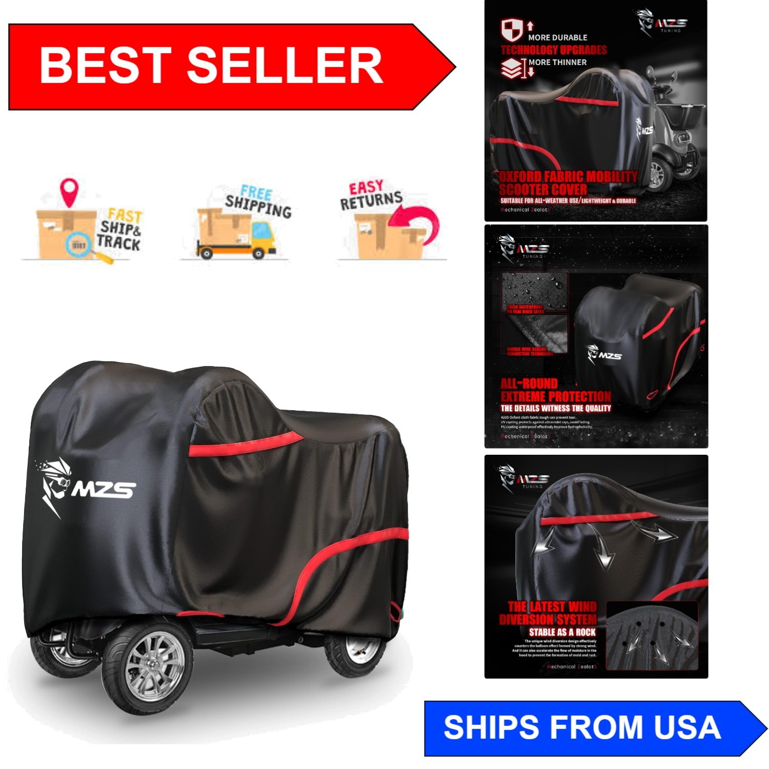 Universal Fit Waterproof Scooter Cover with Reflective Stripes for 48” Scooters