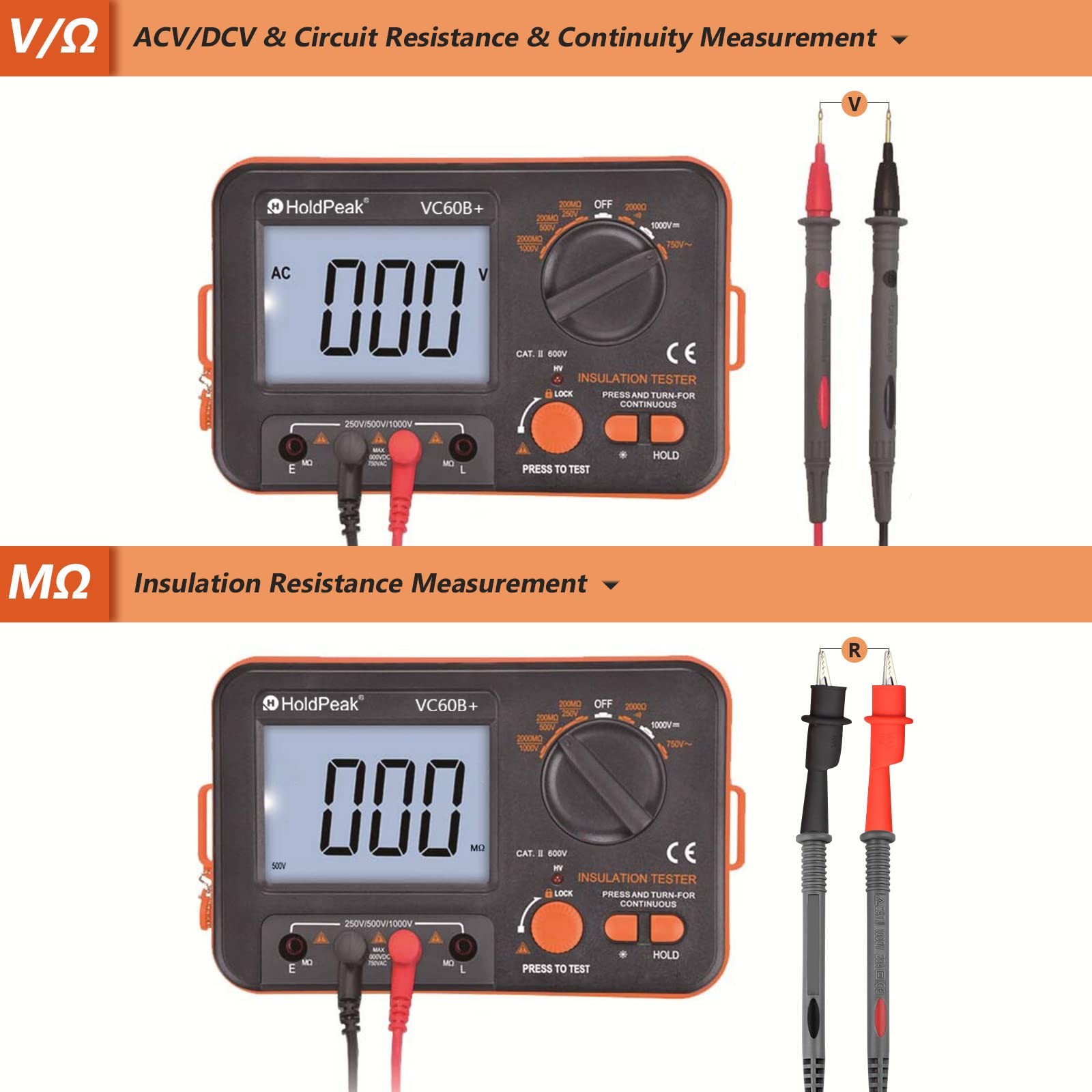 Digital Insulation Resistance Tester 1999 Counts Megohmmeter AC DC Black