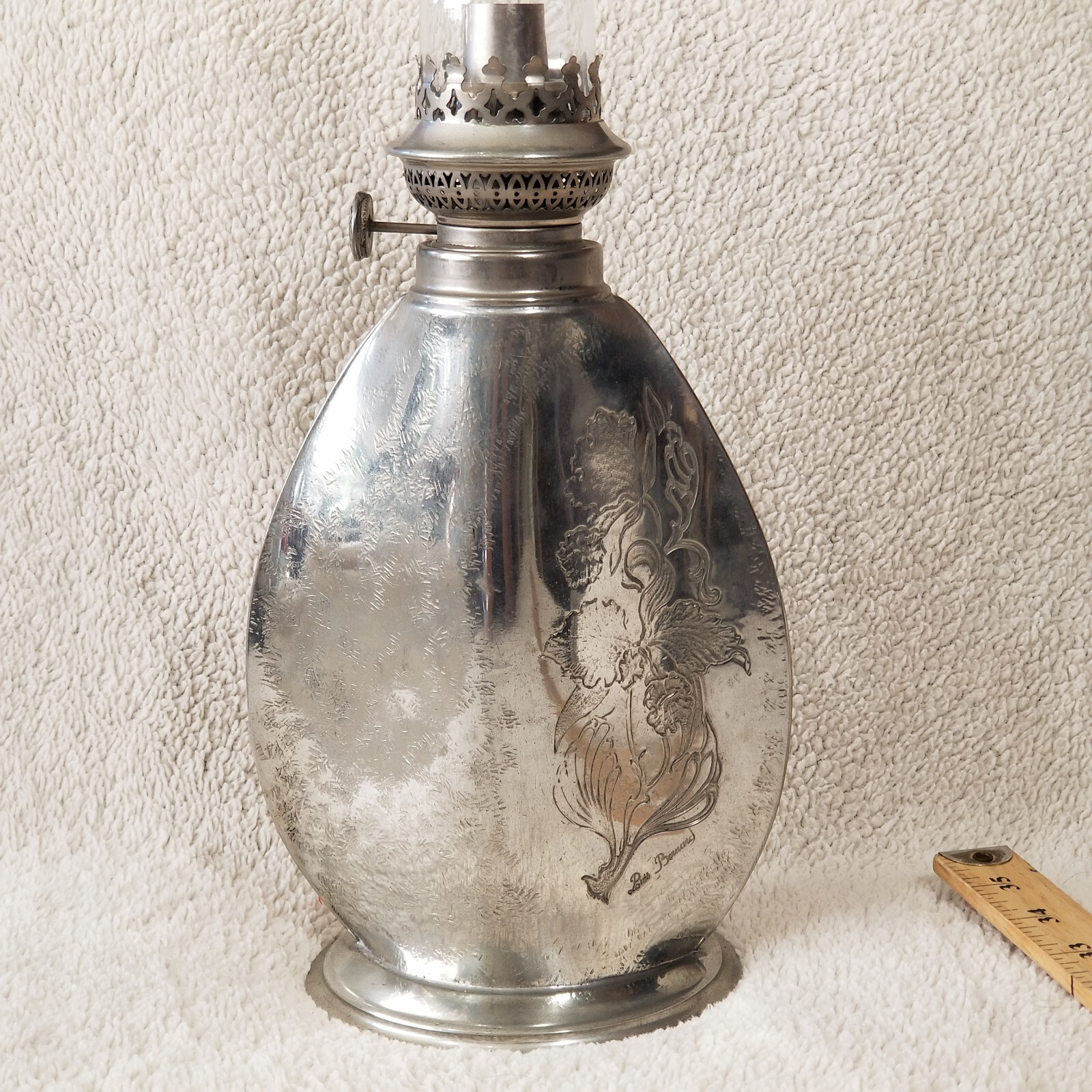 LOUIS BERNARD SIGNED MASONIC OIL LAMP IN VERY RARE LARGE 21" SIZE ETCHED FLORAL
