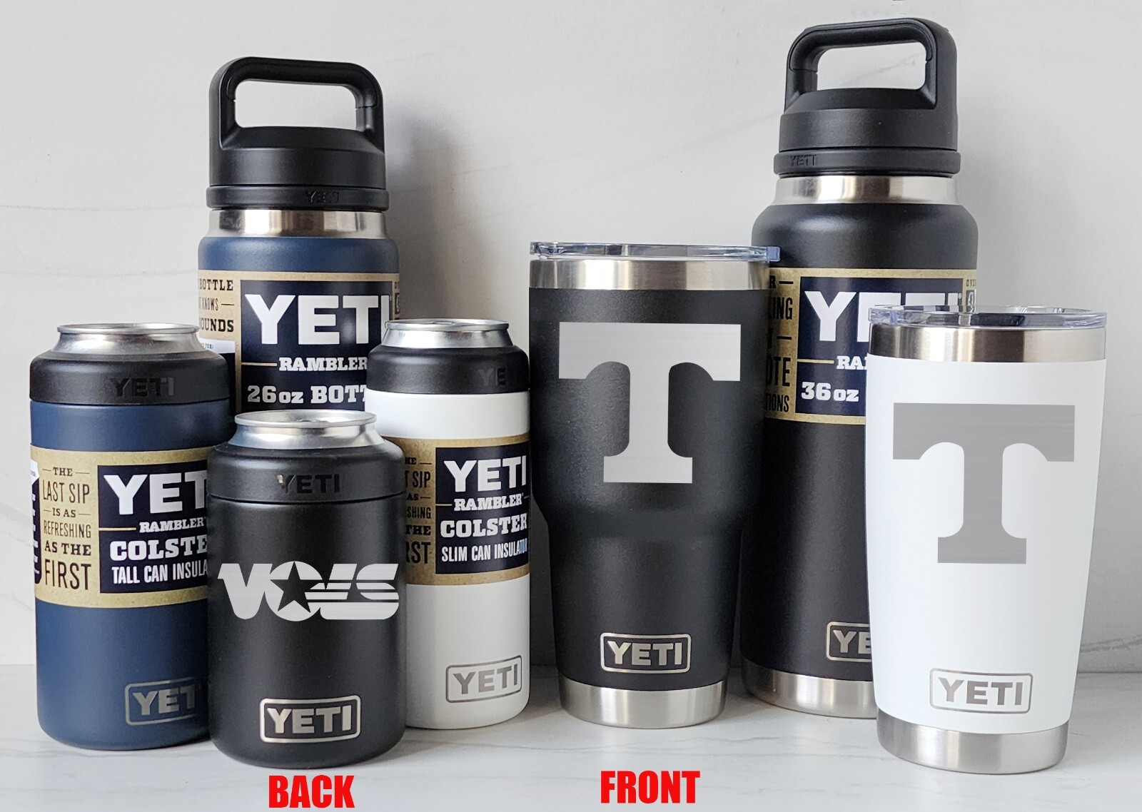 Tennessee Volunteers YETI Laser Engraved Tumblers, Can Colsters and Chug Bottles