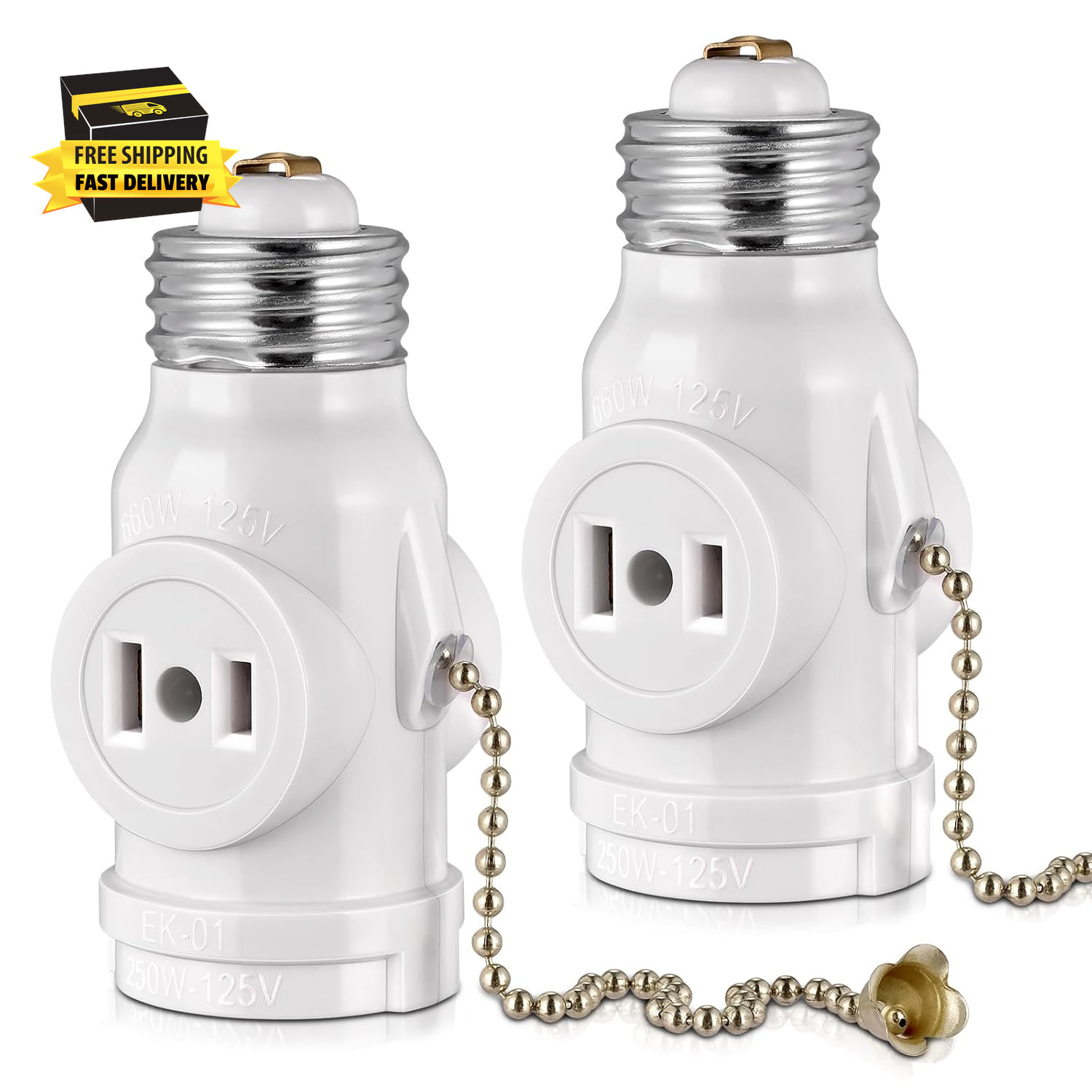2-Pack E26 Light Socket Adapter - Converts Medium Screw Socket to Two Outlets wi