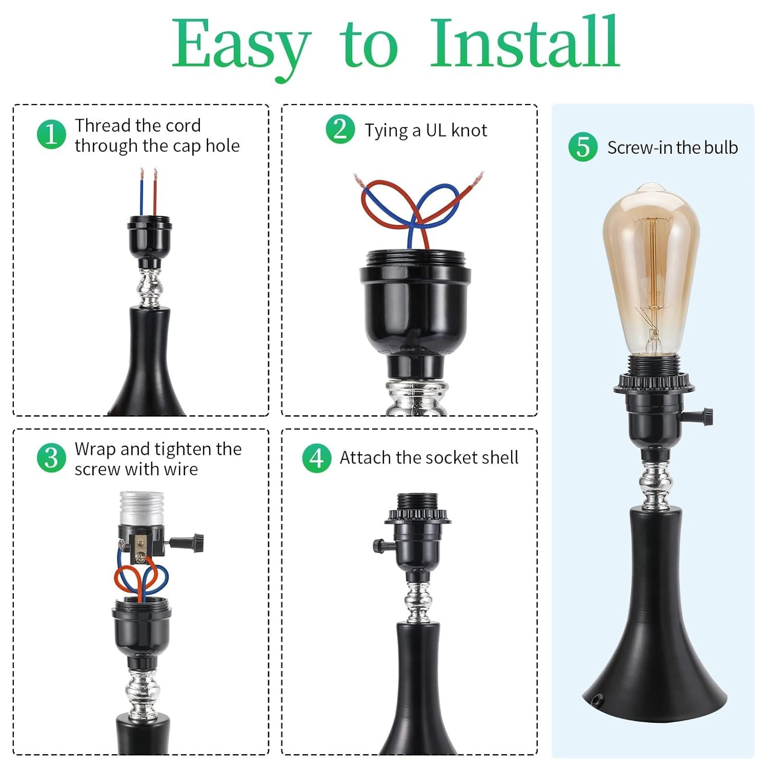 Durable E26 Light Socket with ON/OFF Switch & Shade Ring - Black Phenolic Finish