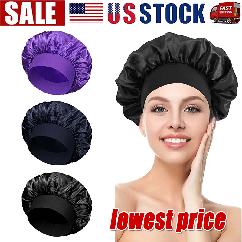 Women Satin Bonnet Night Sleep Cap Hair Hat Silk Head Cover Wide Elastic Band