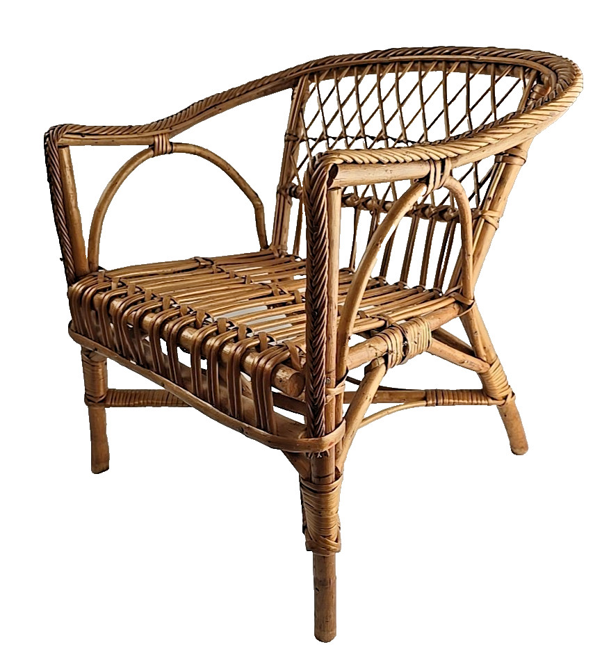 Vtg Children's Large Doll Chair Woven Rattan Wicker Photo Prop Nursery Decor