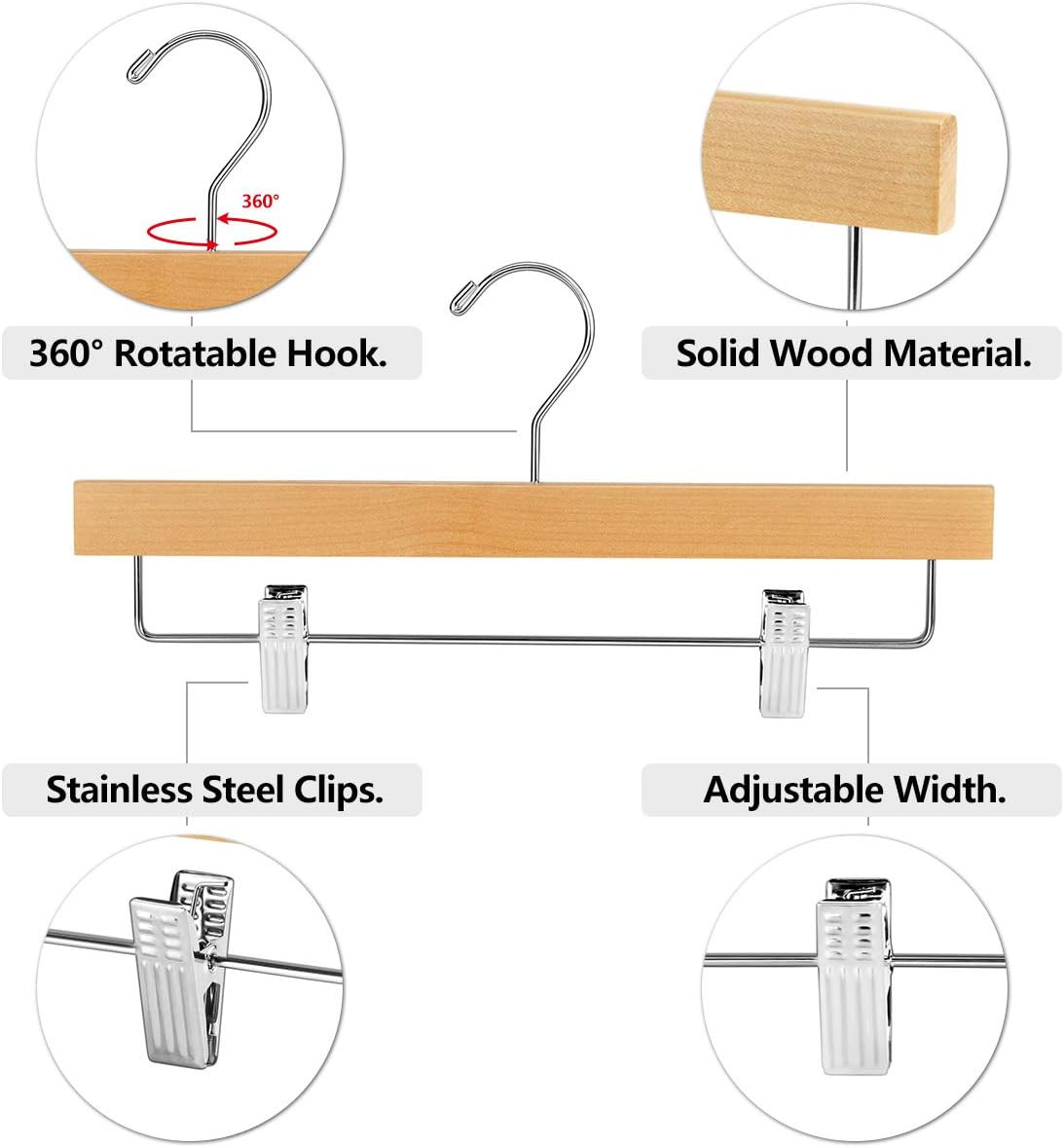20Pcs Wooden Pants Hangers Solid Pants Hanger with Adjustable Clips 14 Inch N...