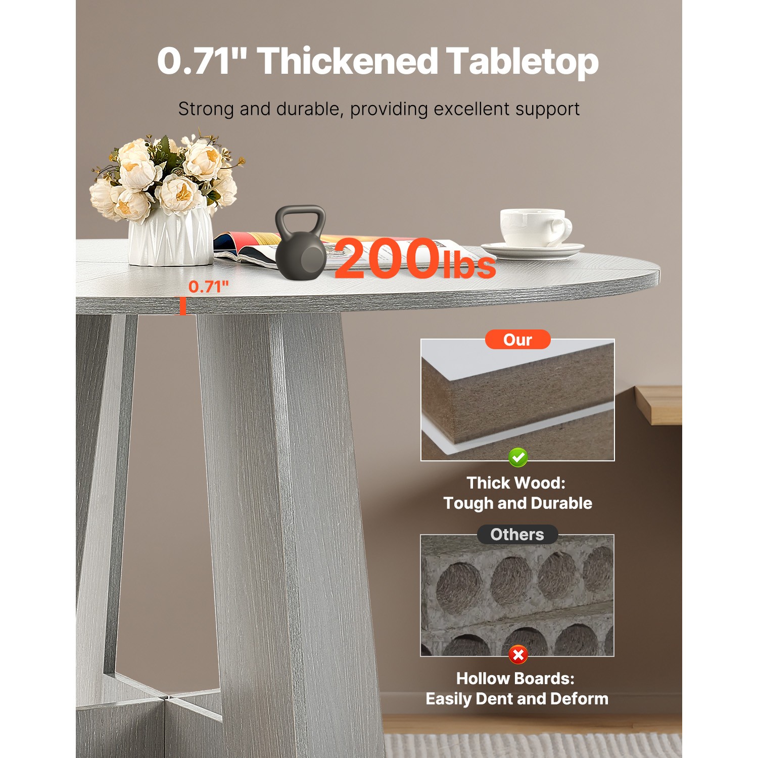 47 in Round Dining Table Wood Kitchen Table for 4-6 Person Grey (Only Table)