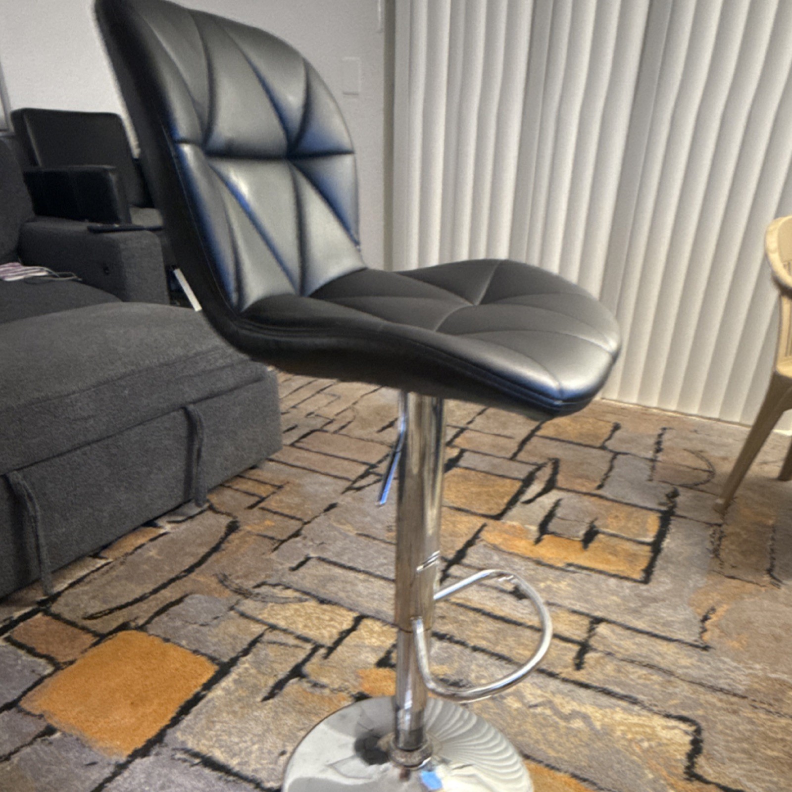 Black Faux Leather Adjustable Swivel Barstool Chrome Base With Backrest