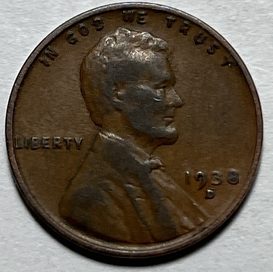 1938 D Lincoln Wheat Penny Error Strike Through Copper Shaving Reverse