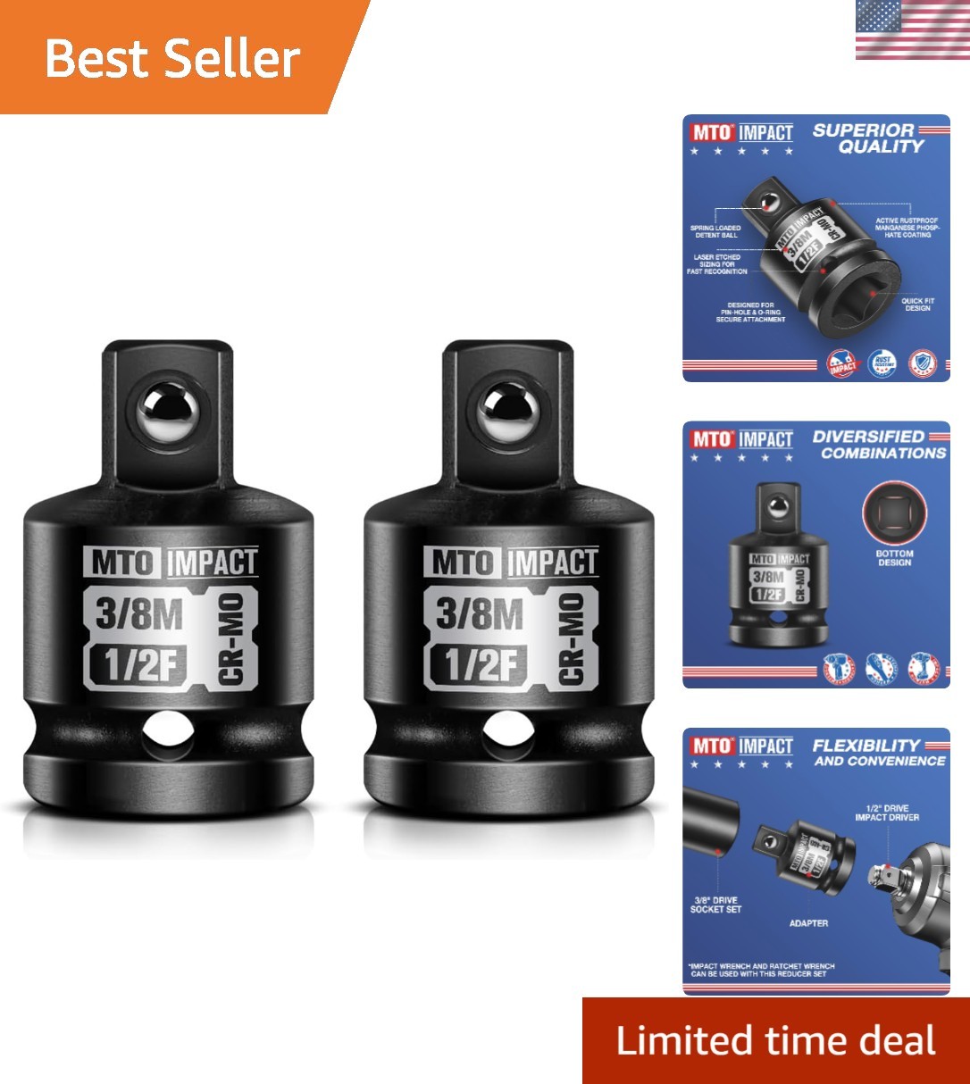 2-Piece 1/2" to 3/8" Impact Socket Adapter Set - Chrome Molybdenum Durability