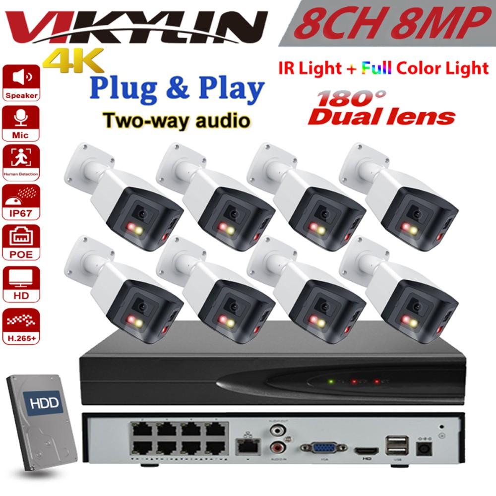 Vikylin 8CH NVR 4K POE 180° Dual Lens Security IP Camera System 2 Way Audio Lot