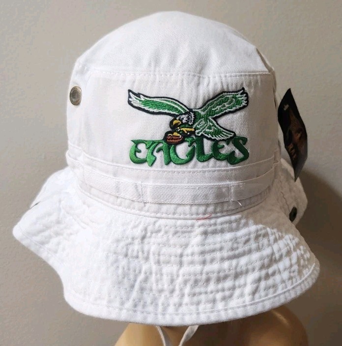 Philadelphia Eagles Throwback White Boonie Hat Side Snaps Up & Chin Strap