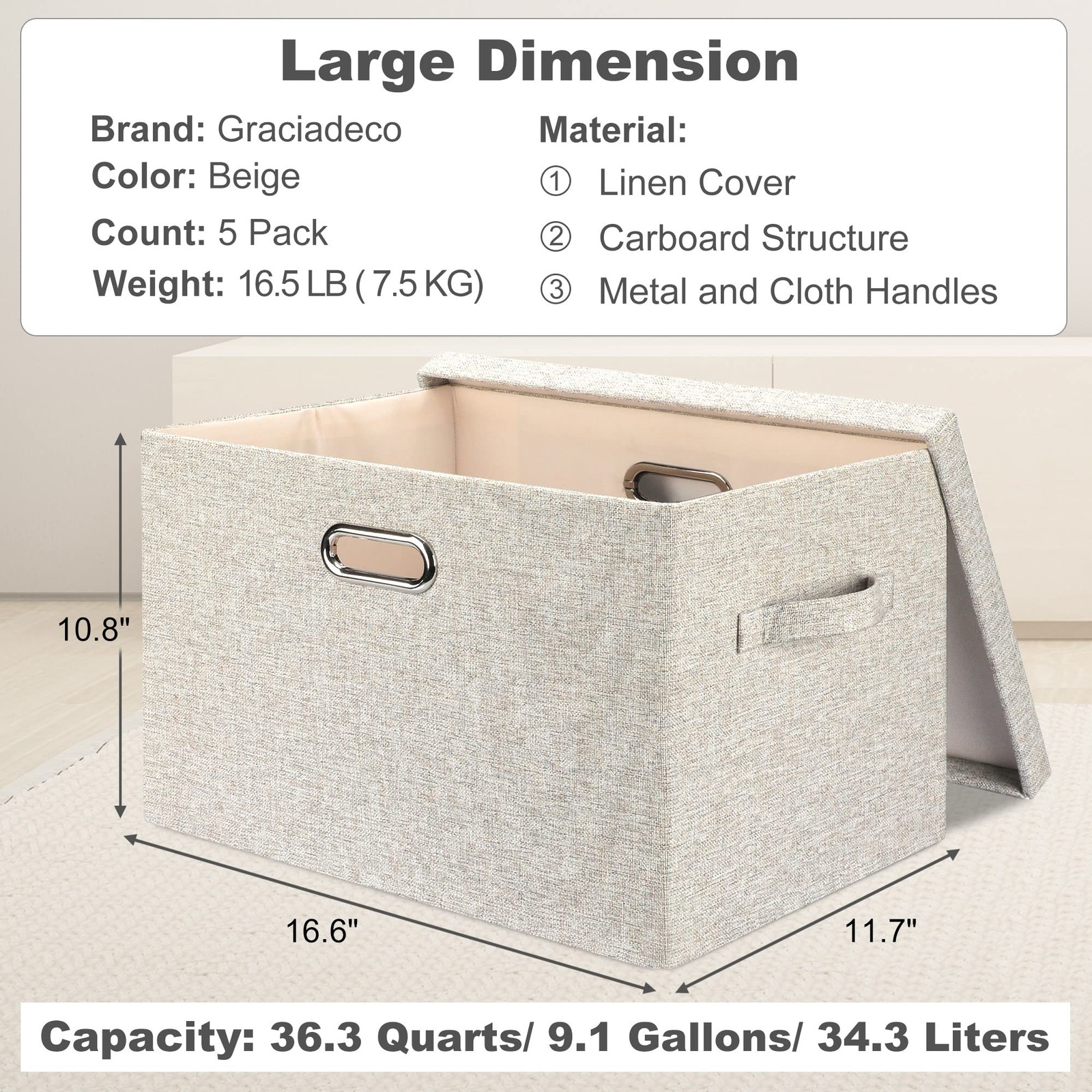 Large 17" 36 Quart Collapsible Stackable Storage Bins with Lids, 5 Packs Beig...