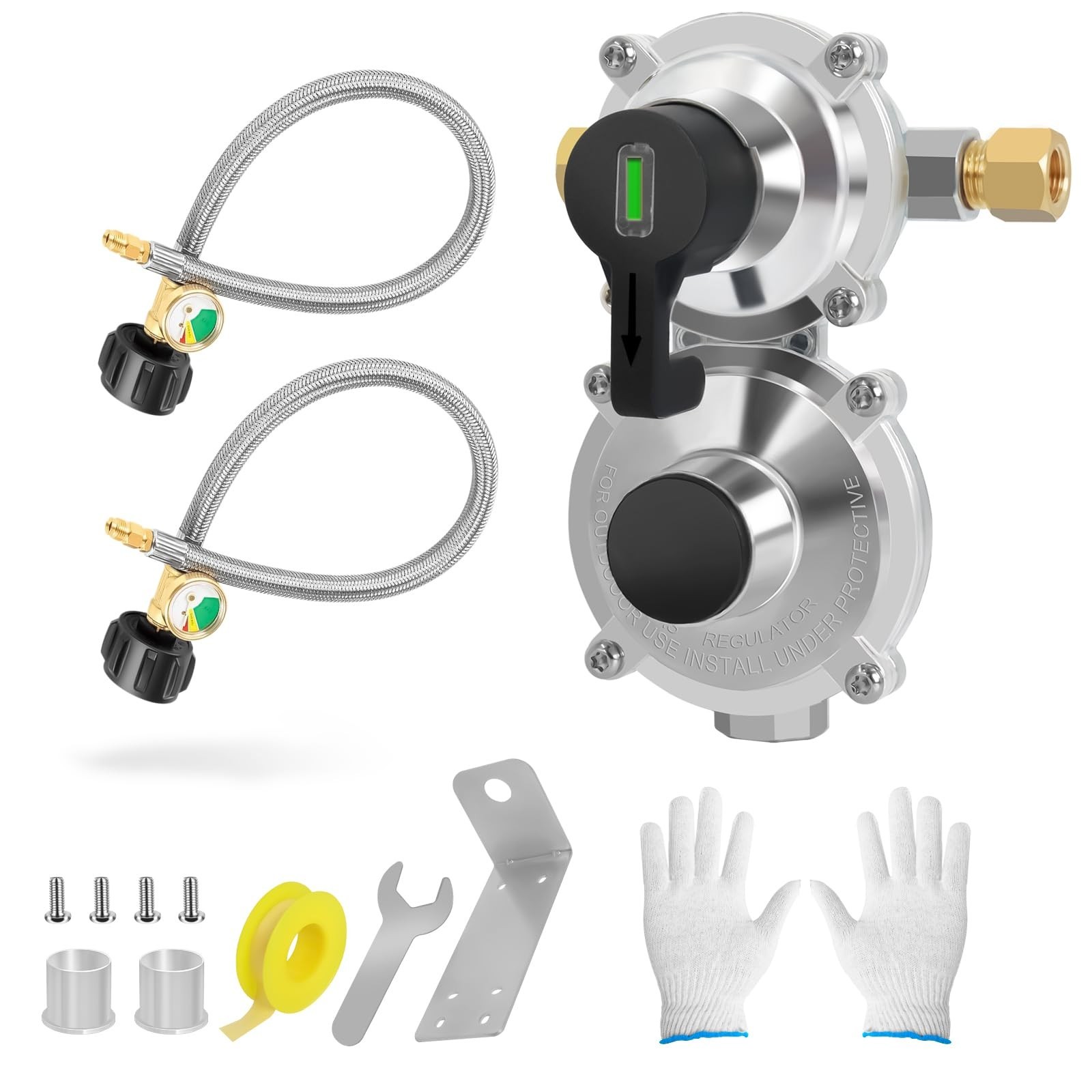RV Dual Tank Regulator Kit with 2 Hoses, 2-Stage Automatic Changeover Regulat...