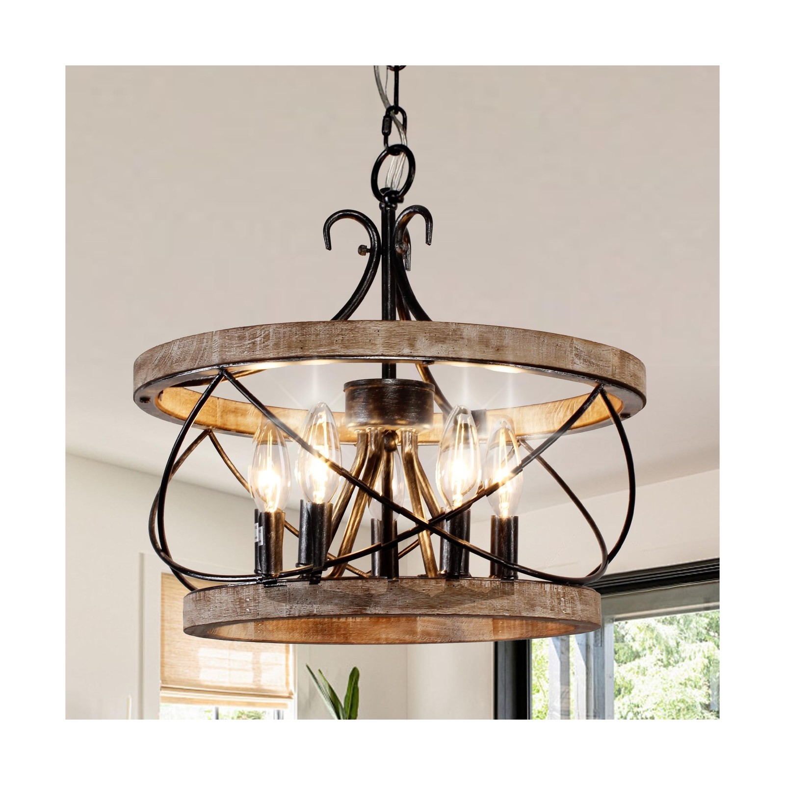 Farmhouse Wood Chandelier Light Fixture, 16 Inch Dining Room Light Fixture Ov...