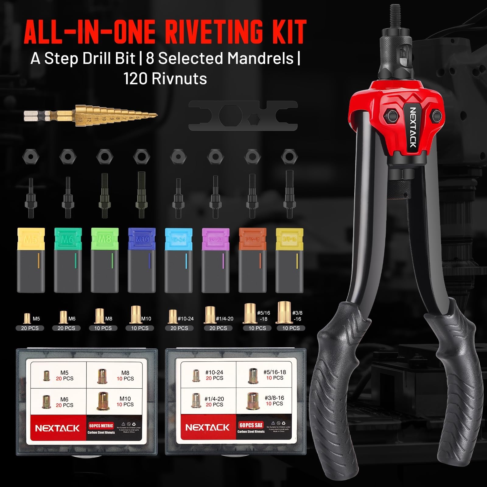 Rivet Nut Tool Kit with a Step Drill Bit, 120 Nutserts, Heavy Duty Rivnut Too...