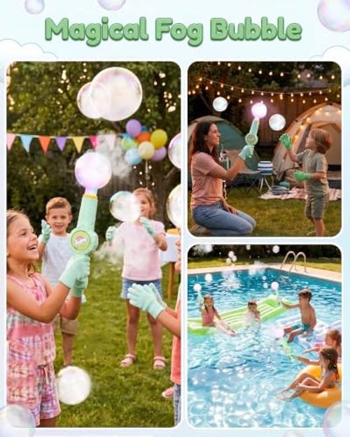 Fog Bubble Machine, Smoke Bubble Wand Machine Rechargeable with Lights & Green