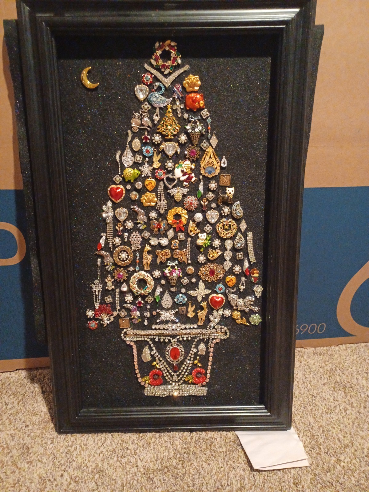 Framed Original Costume Jewelry Christmas Tree Collage. 1 Of A Kind 29"