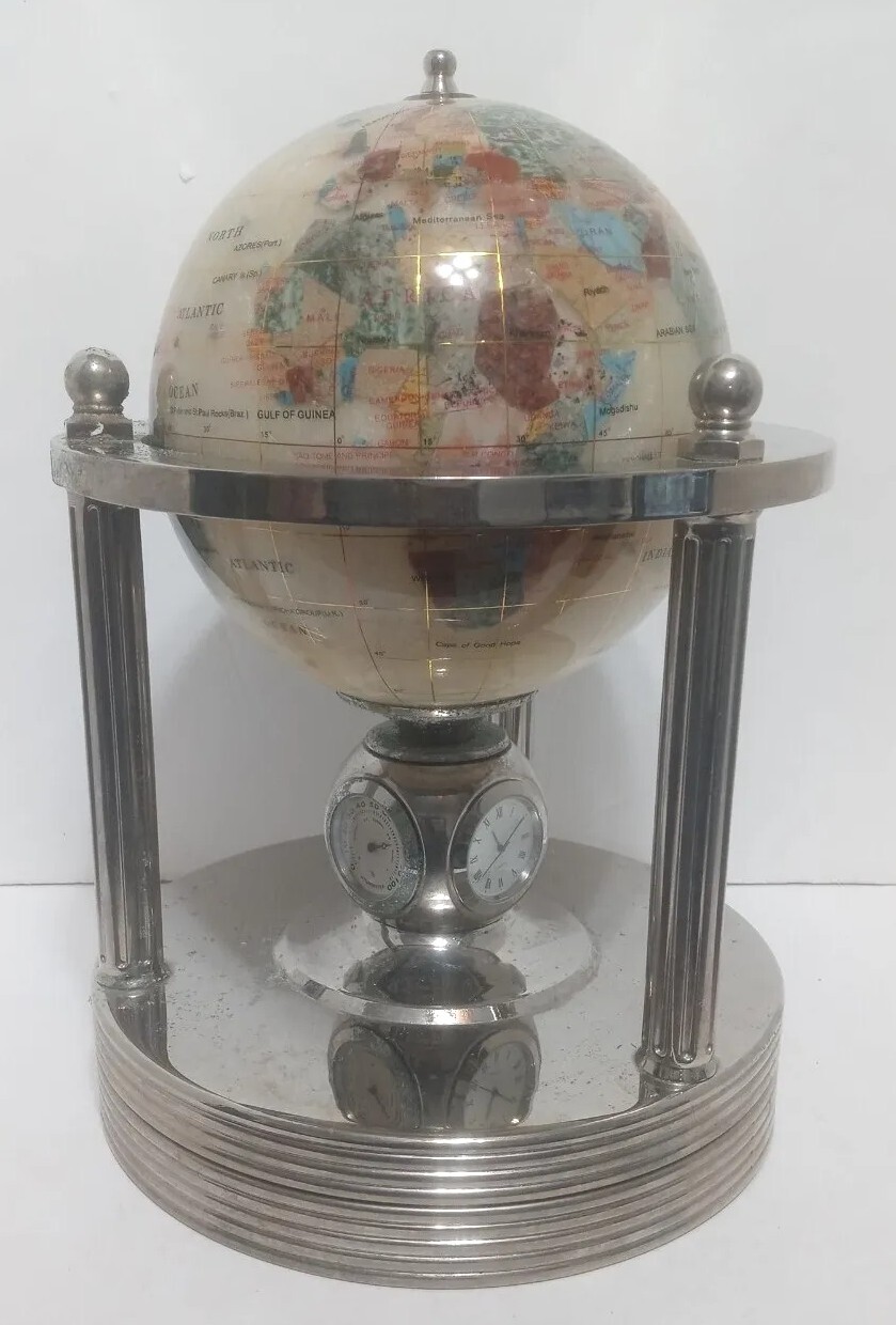 Mother of Pearl Gemstone Rotating Desk Globe Clock Weather Station Metal Base