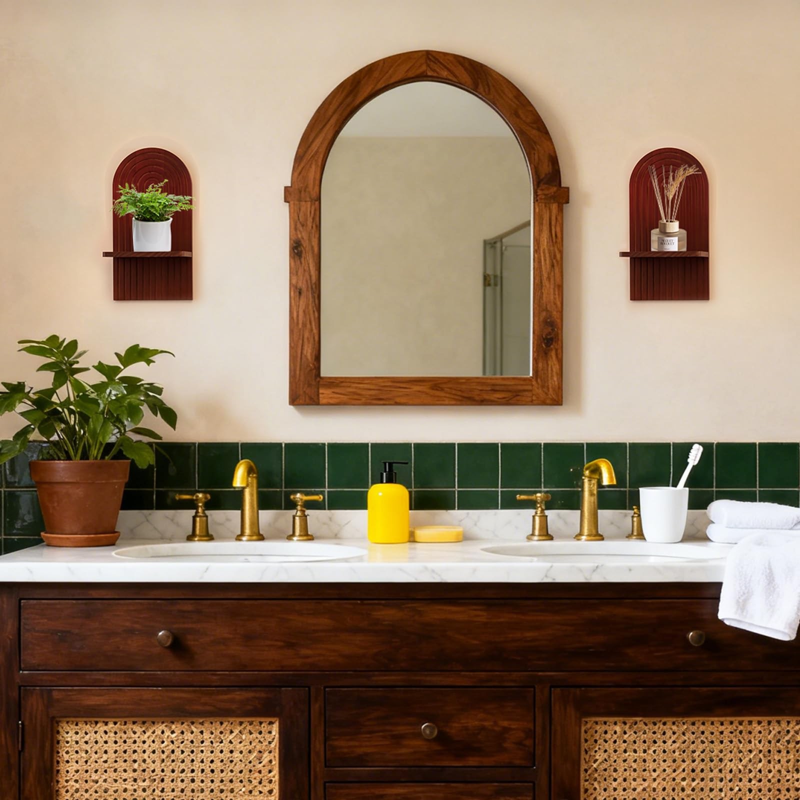 Mid Century Modern Decor: Walnut Boho Floating Shelves Arched Wall Decor for ...