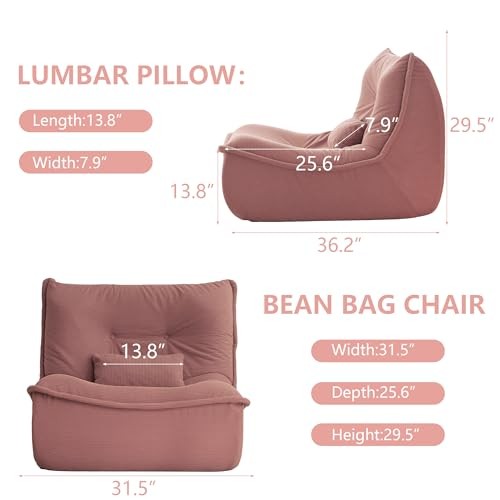 Bean Bag Chair for Adults, Single Lounge Chair with Lumbar Pillow, Comfy Pink