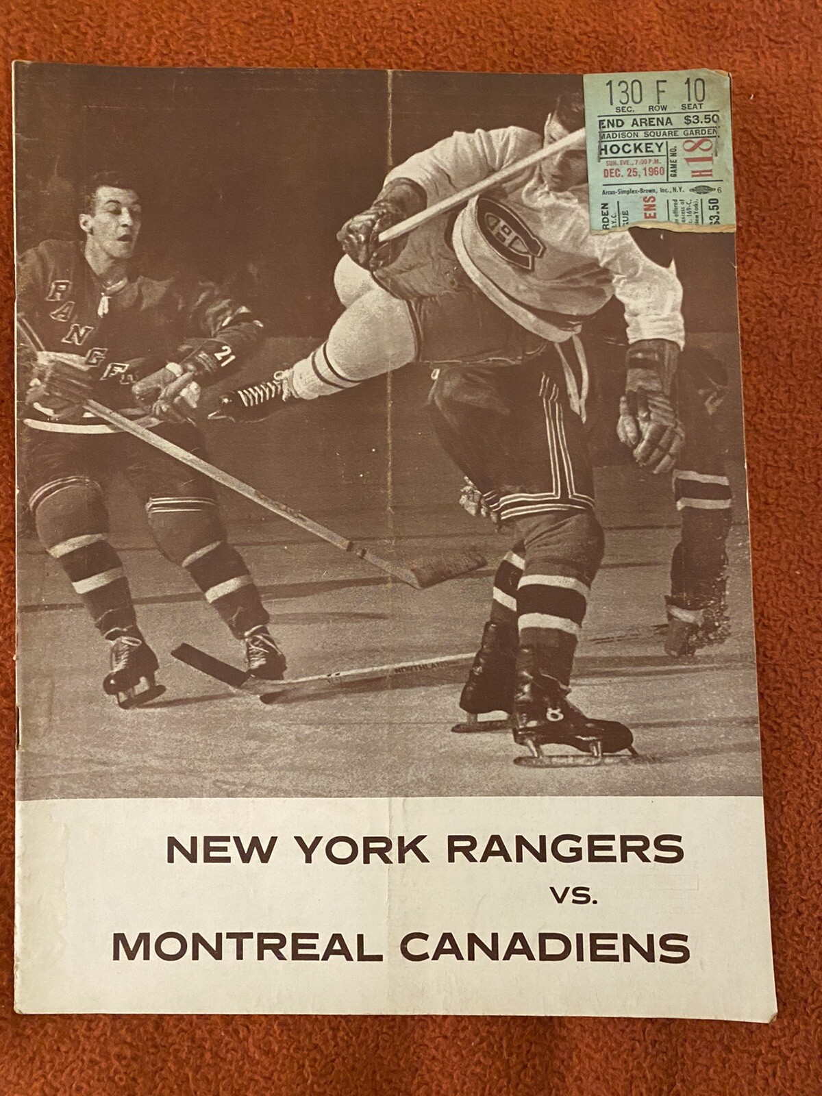 Dec 25 1960 NHL Hockey Program Montreal Canadiens New York Rangers + Tic Stub