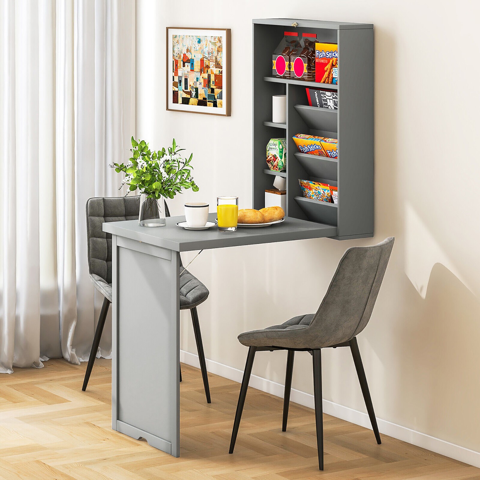 Wall Mounted Computer Convertible Desk Floating Desk w/ Storage Bookcases Grey