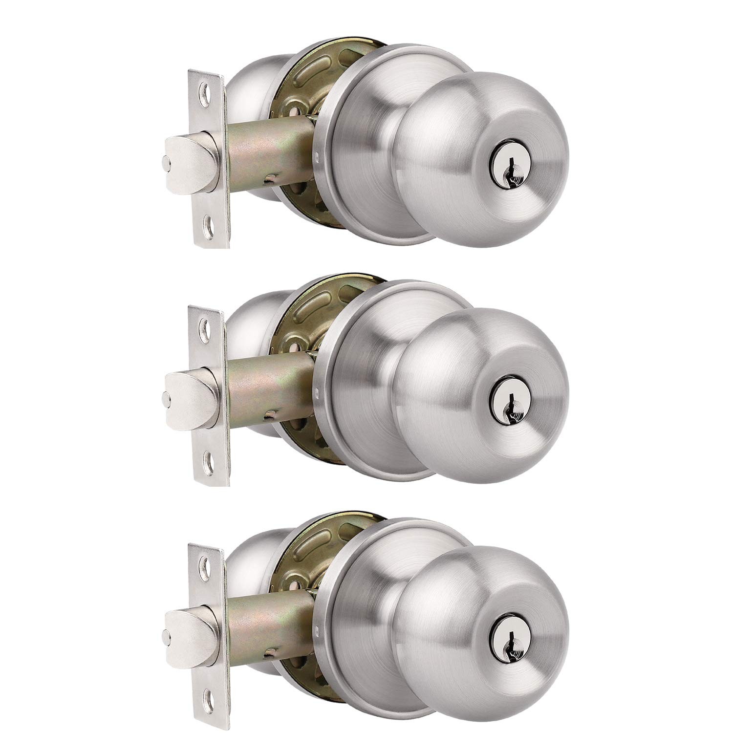 Probrico 3 Pack Entry Door Knob for Exterior Door,Satin 3, Satin Nickel