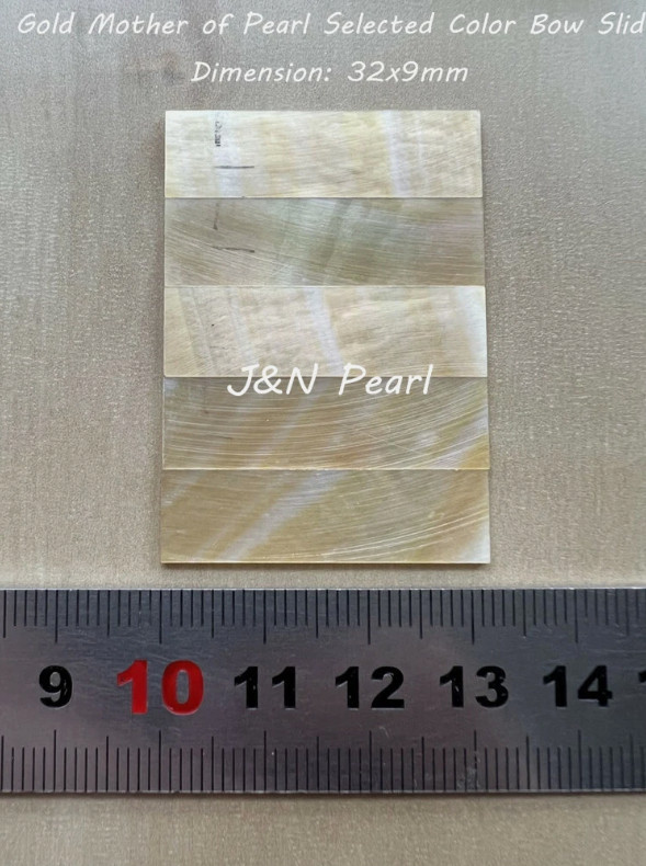 J&N Pearl 5pcs 32x9mm 1 to 1.3mm Thick Selected Gold Mother of Pearl Bow Slide