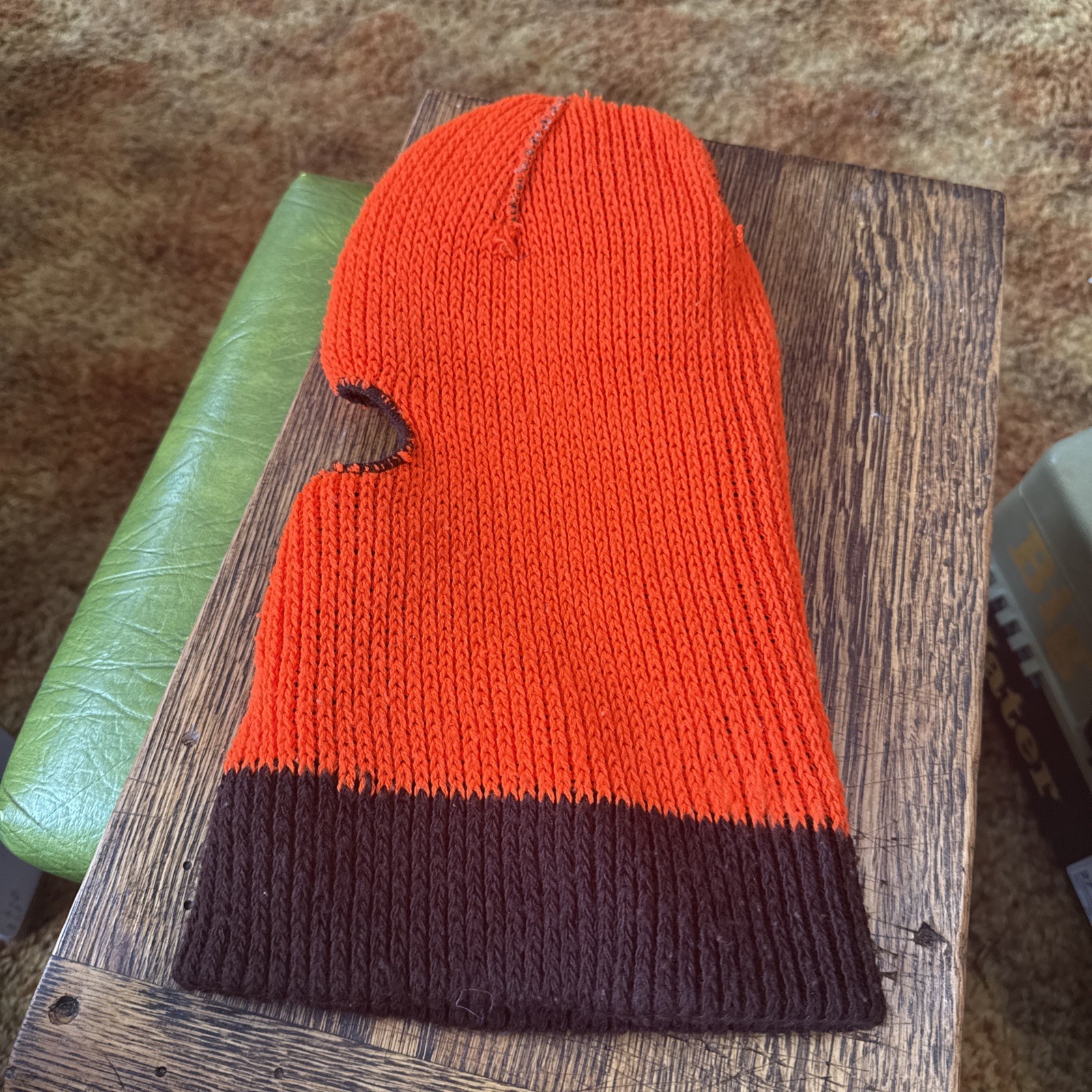 Vtg Camo Orange Hunting Face Mask Balaclava Knit Hat Winter Beanie Cap USA Warm