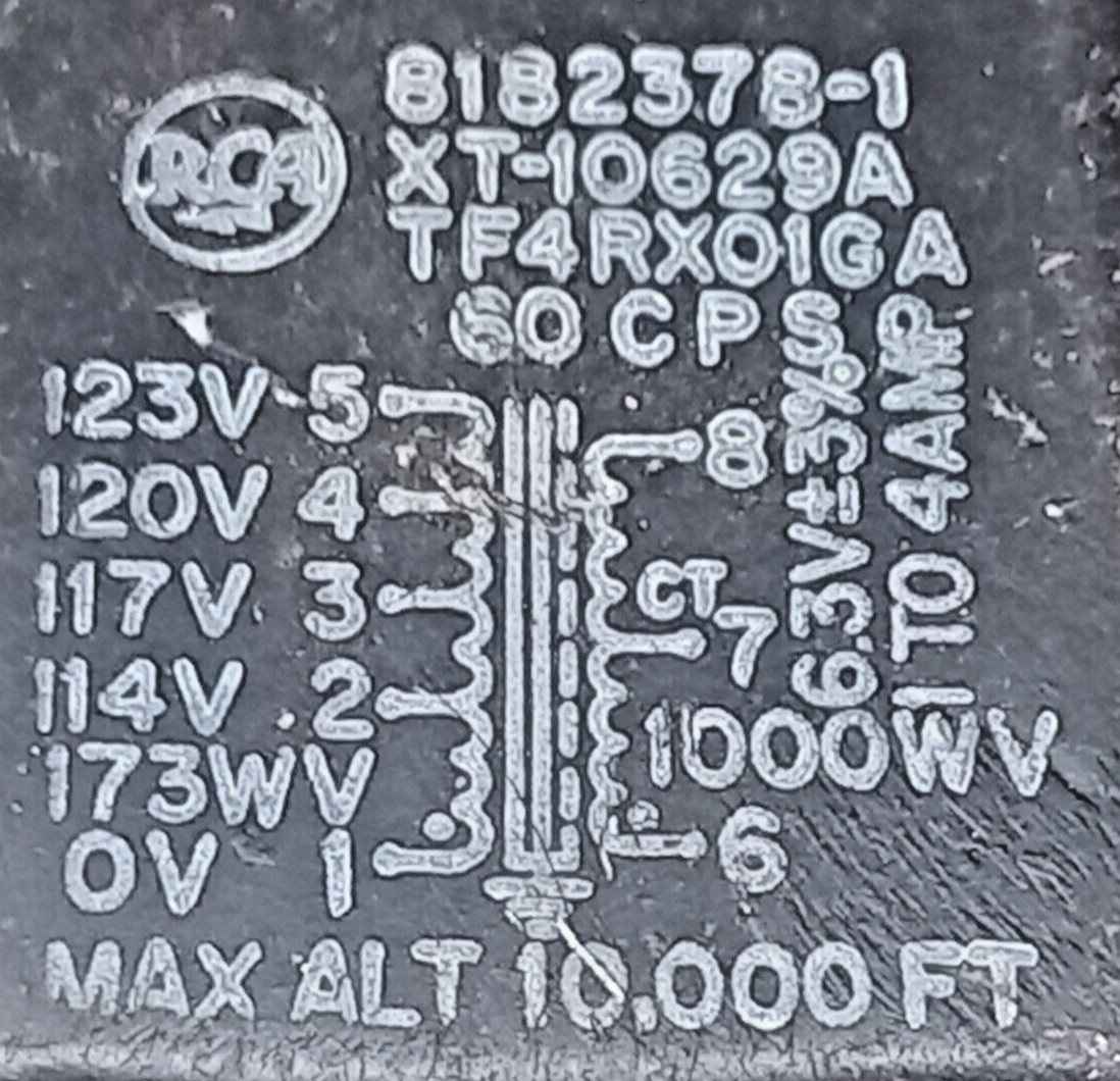 RCA TX-10629A   Filament Transformer 114-123V - 6.3VAC CT -  1 TO 4AMP