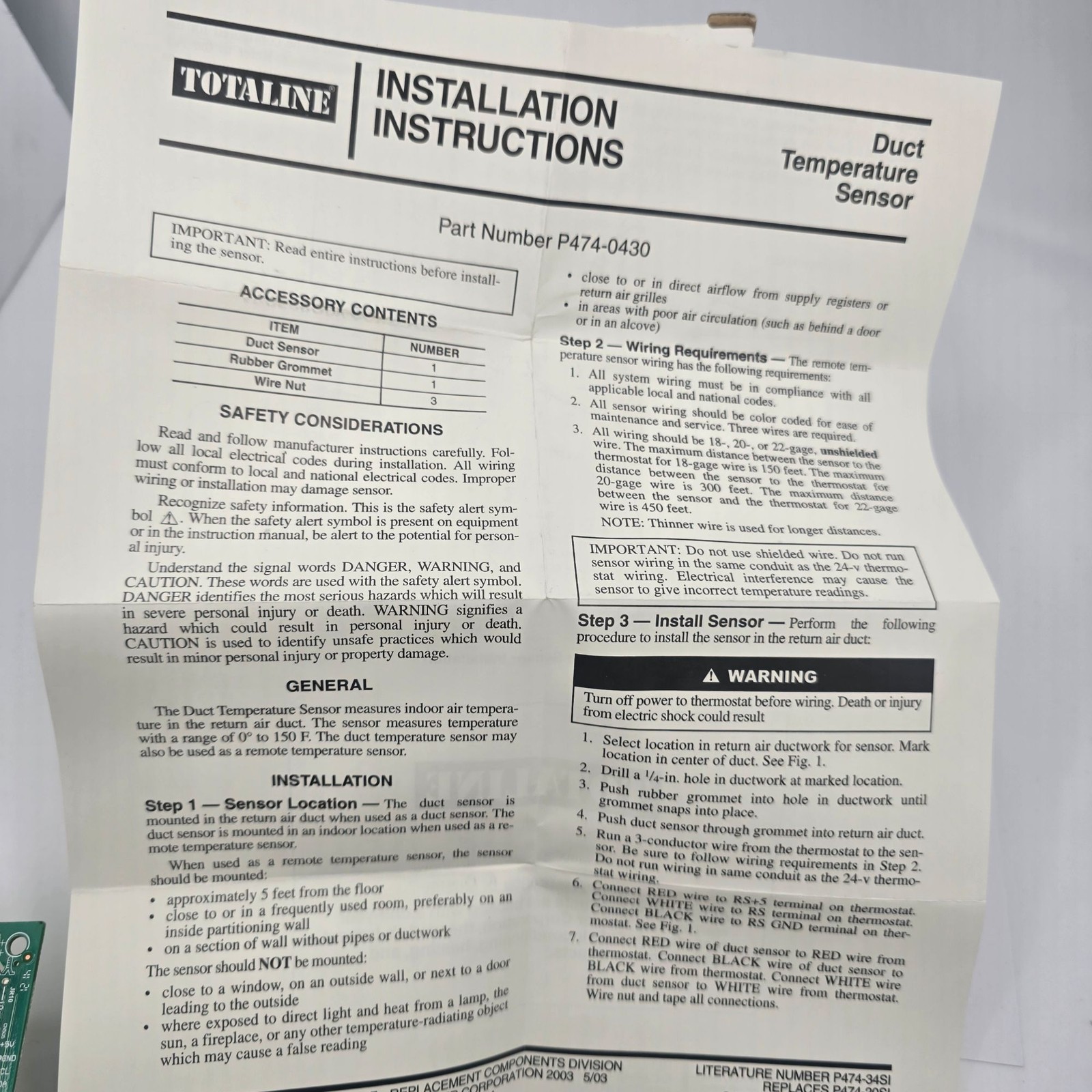 Totaline P474-0430 DUCT Temperature SENSOR
