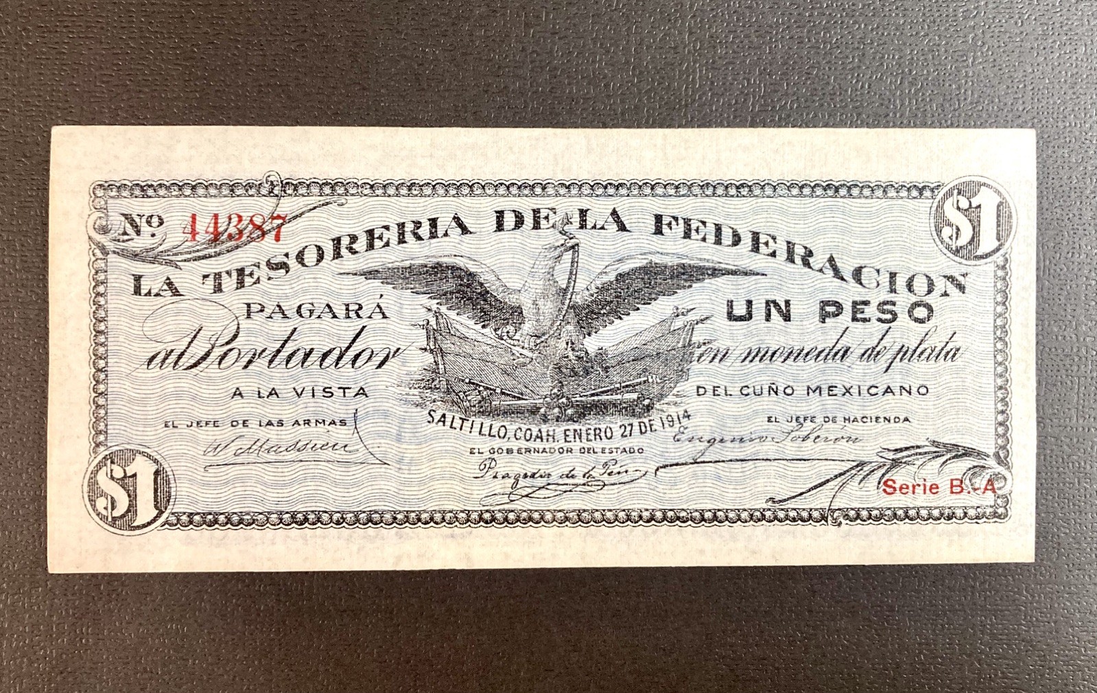 MEXICO, LA TESORERIA DE LA FEDERACION DE SALTILLO 1 PESO 1914 BANKNOTE UNC