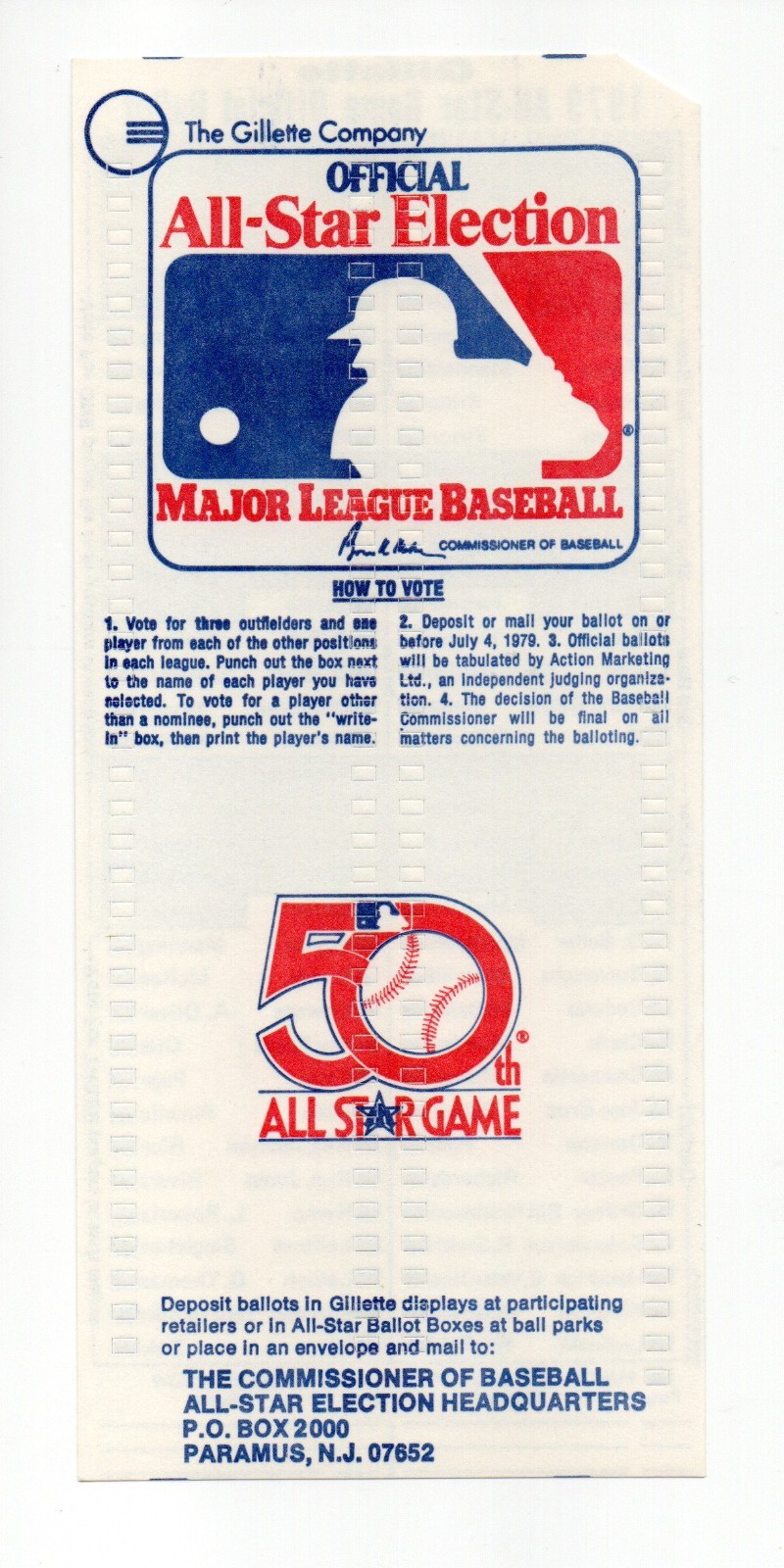 1979 Gillette All-Star Game Ballot 50th Anniversary Unpunched