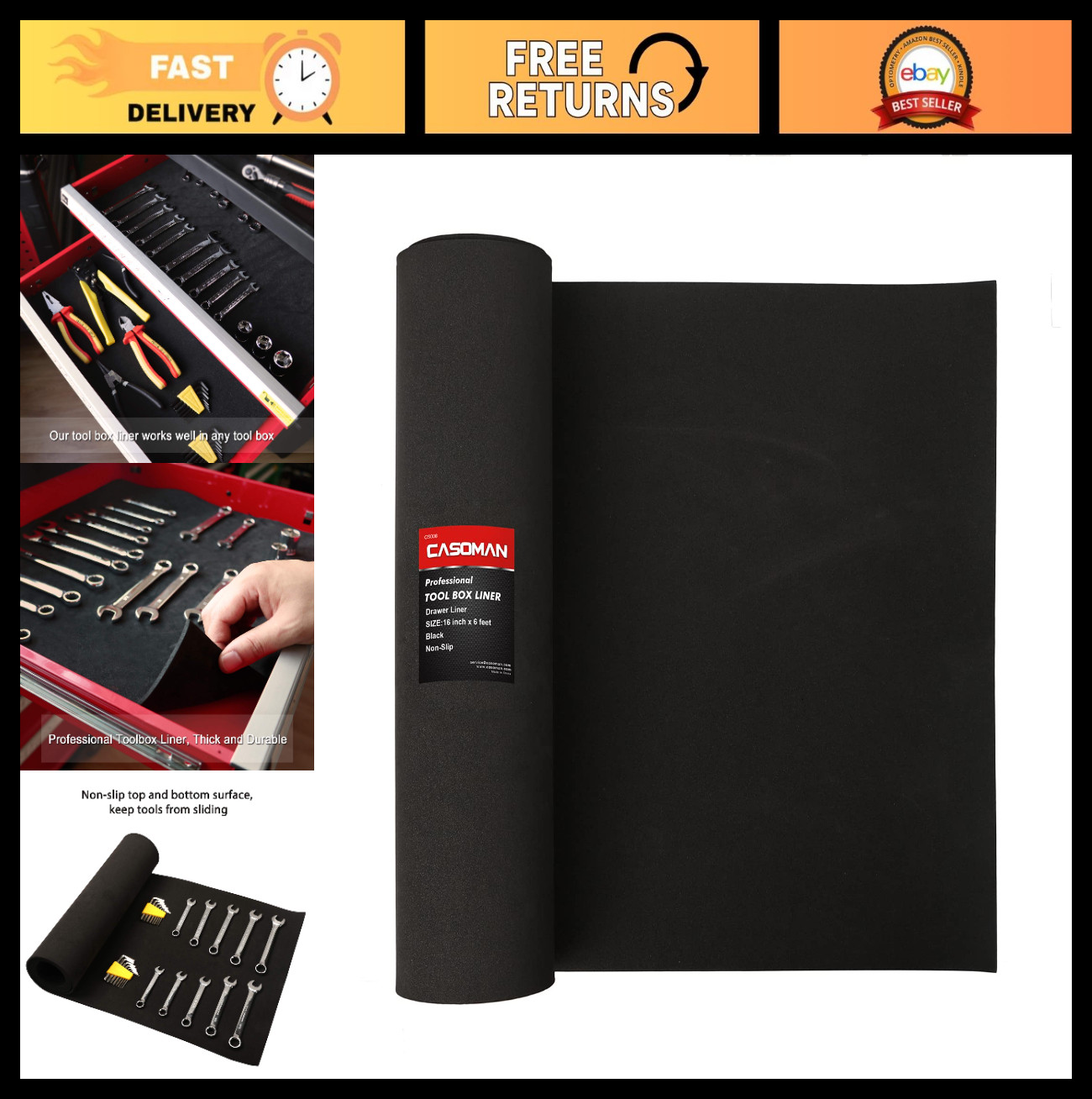 Professional Tool Box Liner & Drawer Liner - 16" x 6ft Non-Slip Black Mat