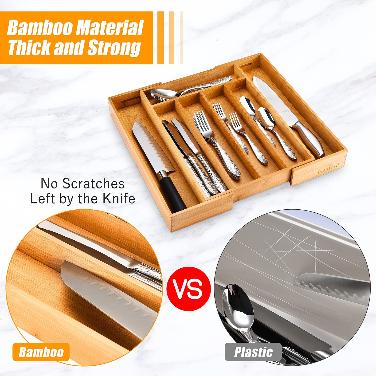 Bellsal Silverware Organizer Kitchen Drawer 7 Slots Expandable, Nature