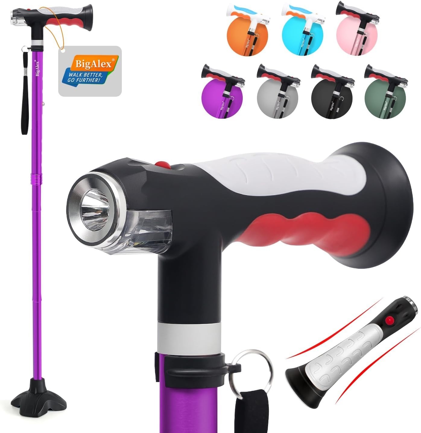 Adjustable Folding Walking Cane with 2 LED Lights Rubber Base Purple