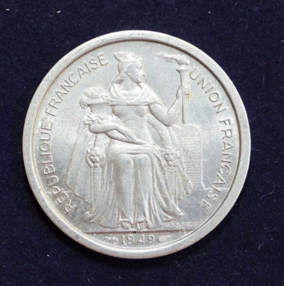 1949 French Overseas Territory Polynesia 2 Francs Aluminum Coin KM# 3