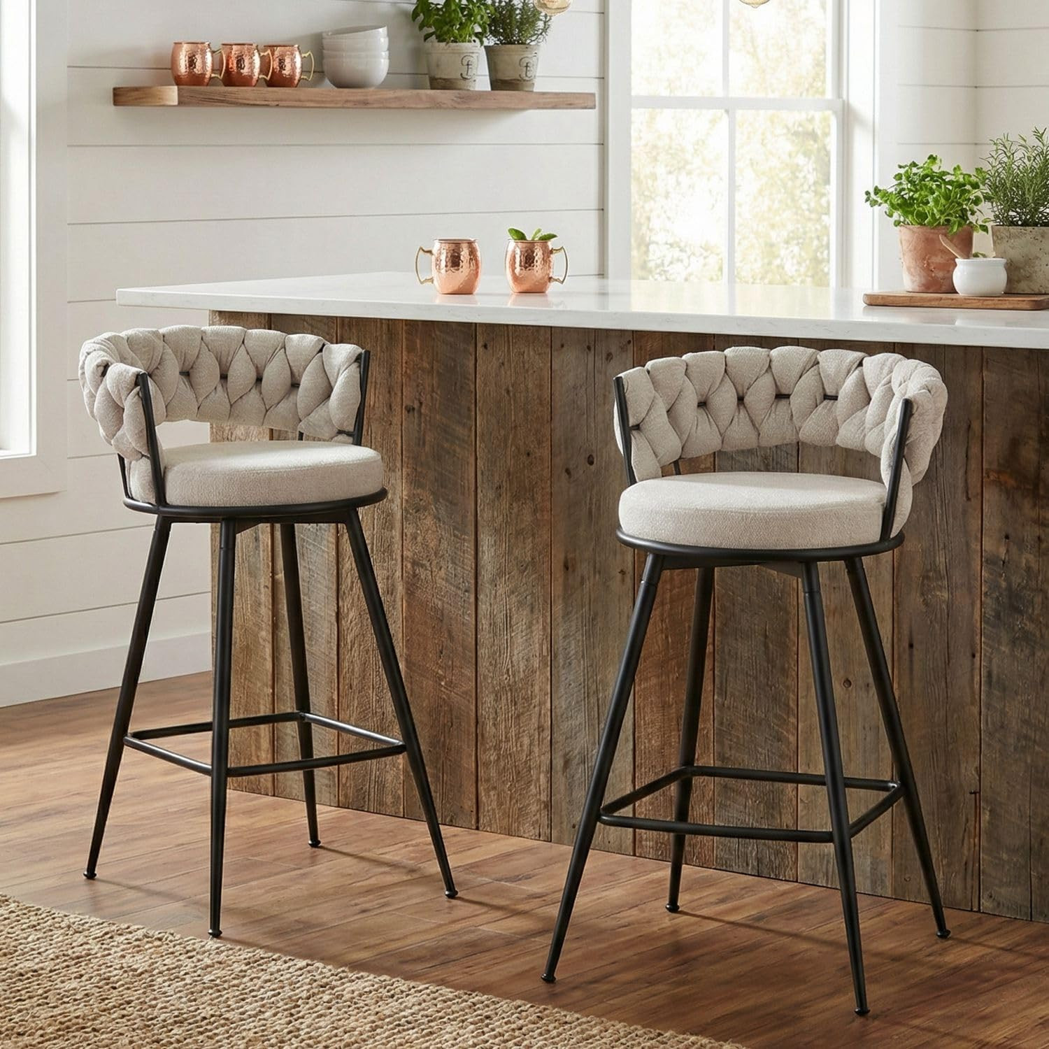 28.7" Swivel Bar Stools Set of 2 with Woven Back & Arm - Beige