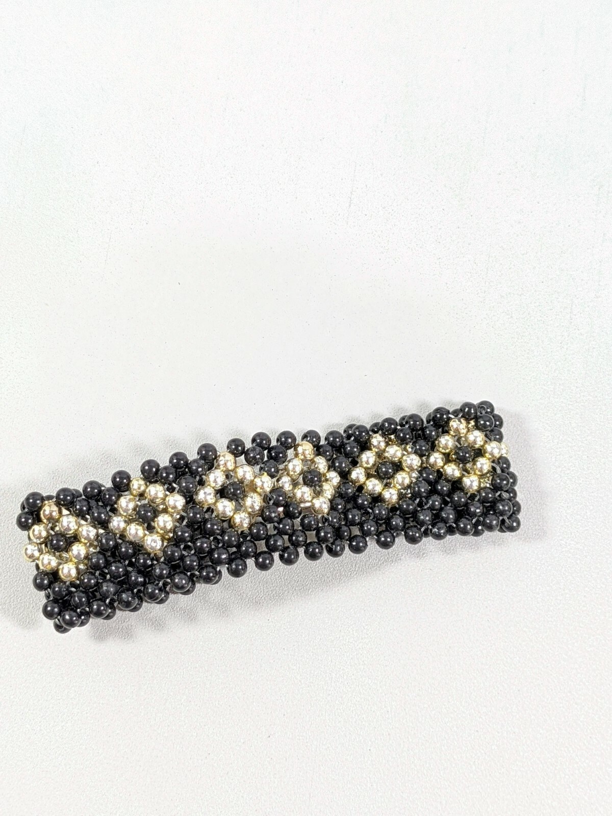 Artisan Black Gold Tone Acrylic Bead Woven Tribal Style Bracelet 8 inches Wide