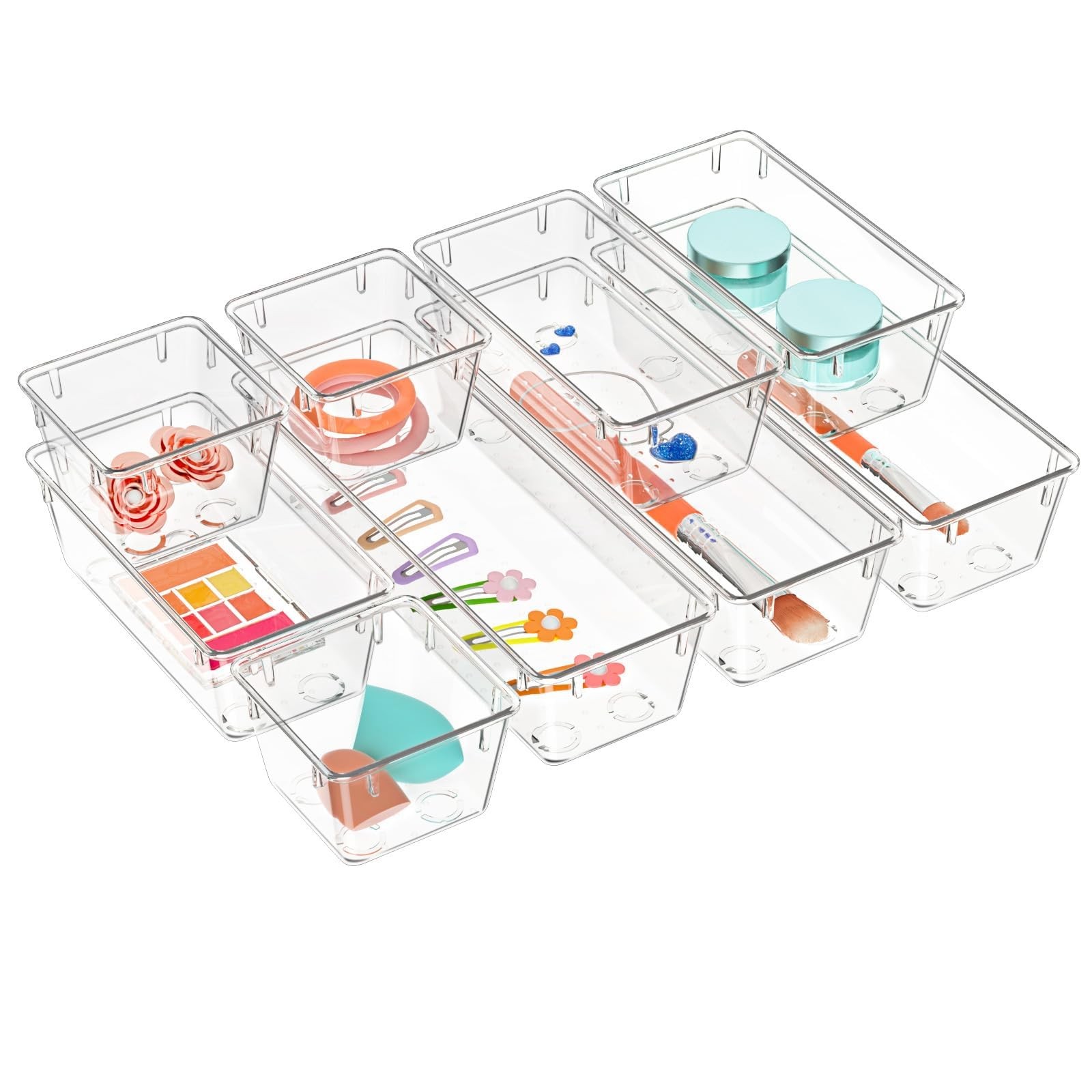 9 Pack Clear Drawer Organizer Set, Acrylic Drawer Storage Trays, Storage Bins...